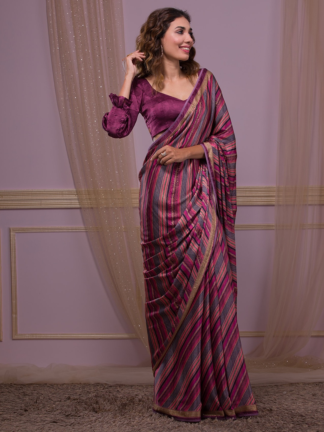 

Koskii Striped Beads and Stones Festive Saree, Pink