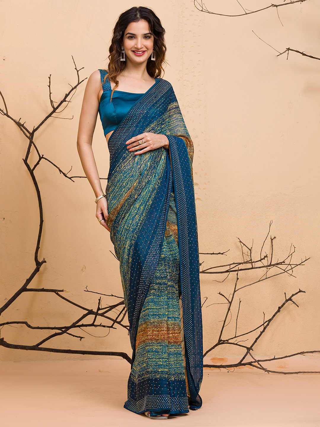 

Koskii Embellished Beads and Stones Festive Saree, Blue