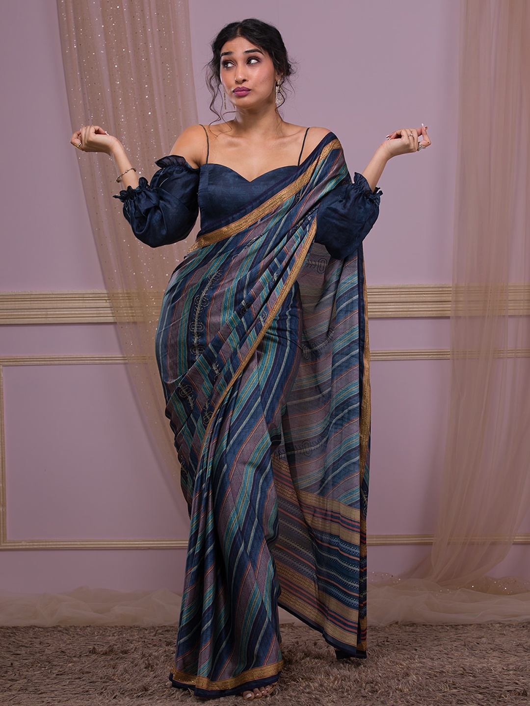 

Koskii Striped Beads And Stones Festive Saree, Navy blue