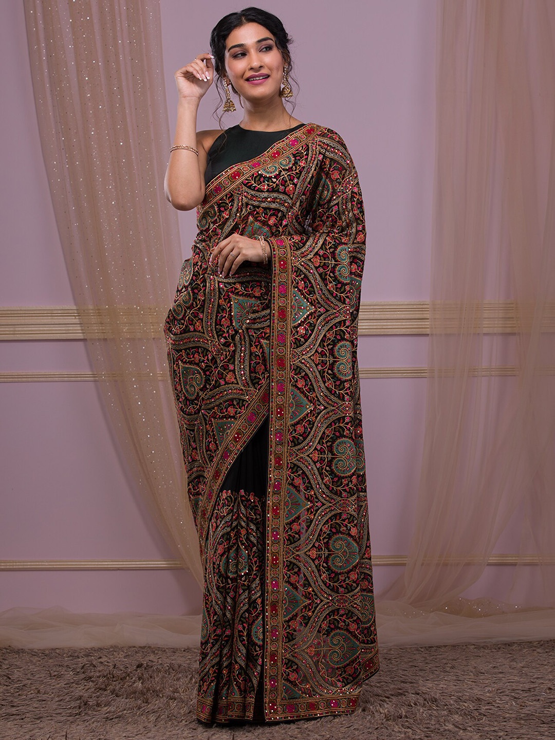 

Koskii Ethnic Motifs Embroidered Festive Saree, Black
