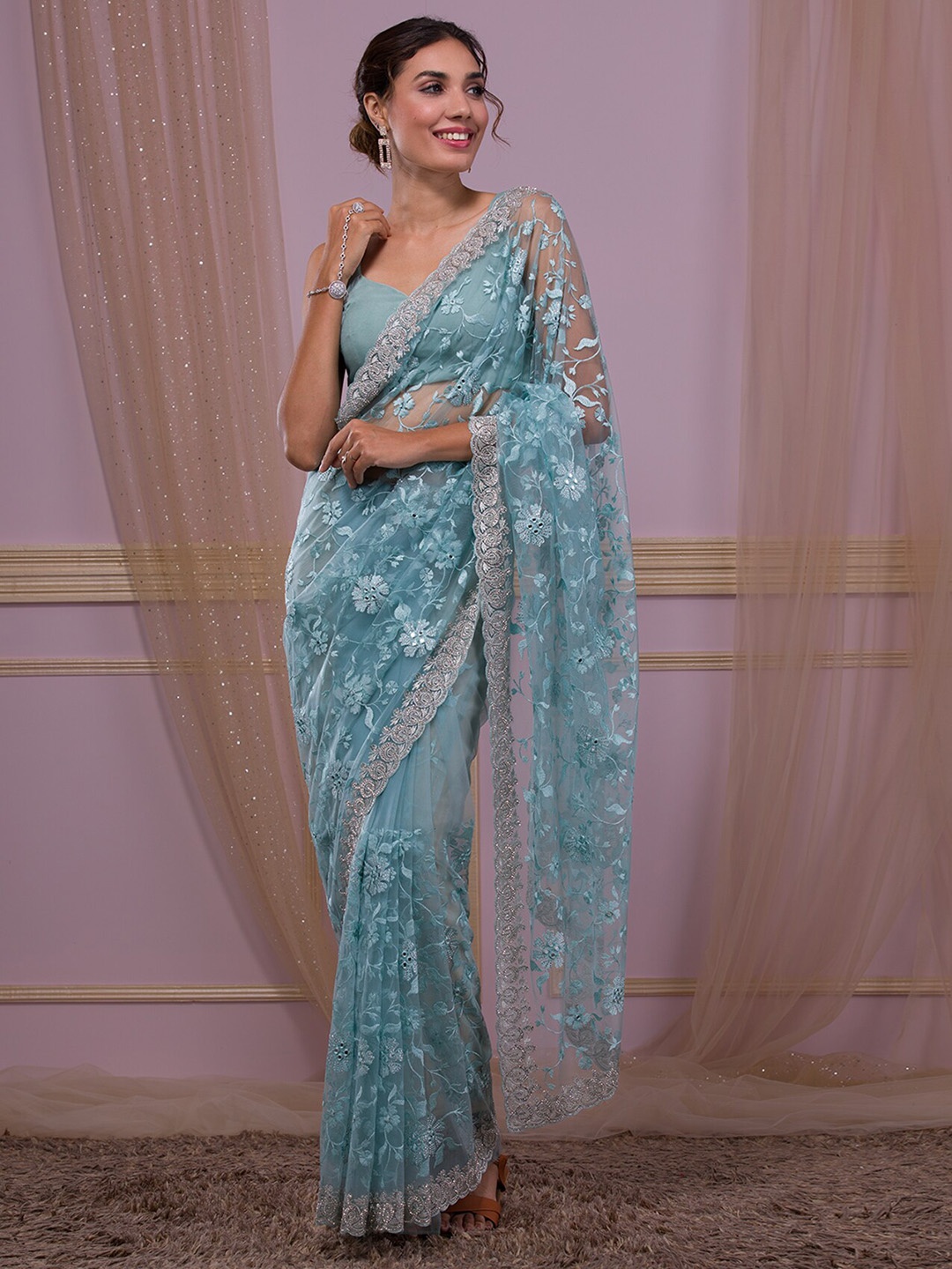 

Koskii Floral Embroidered Beads and Stones Net Saree, Blue