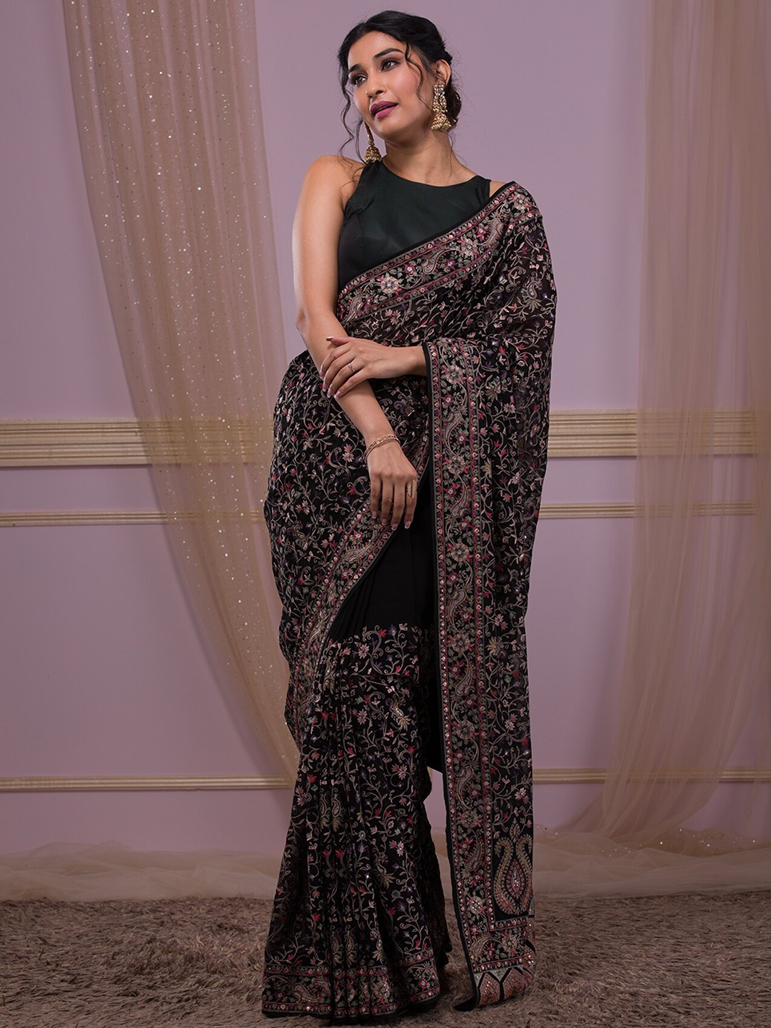 

Koskii Floral Embroidered Beads and Stones Festive Saree, Black