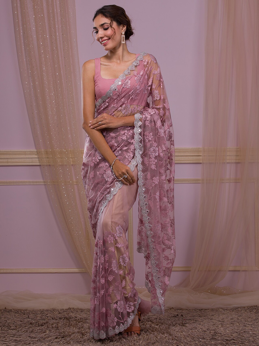 

Koskii Floral Embroidered Beads and Stones Net Saree, Lavender