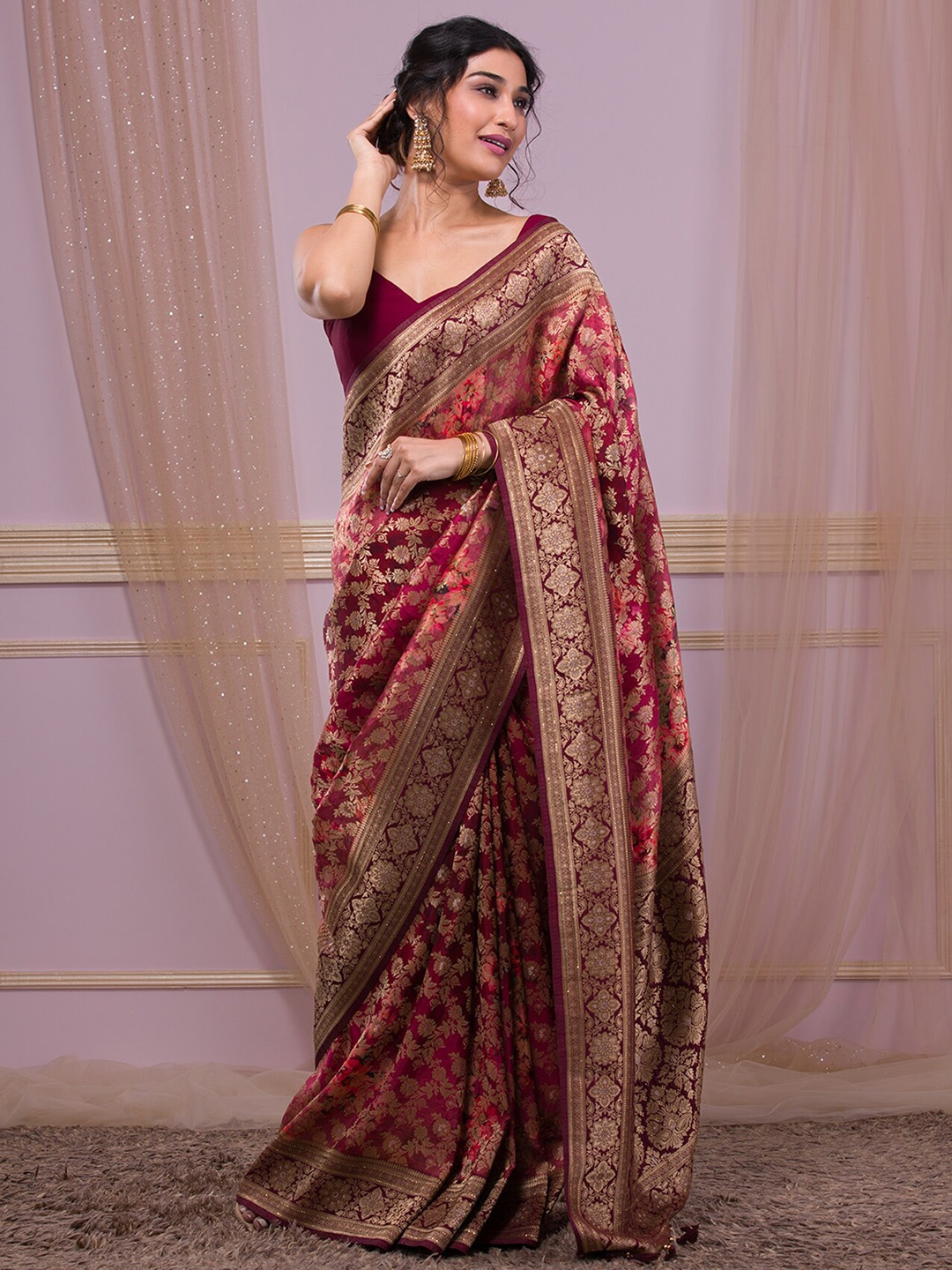 

Koskii Floral Woven Design Zari Banarasi Saree, Maroon
