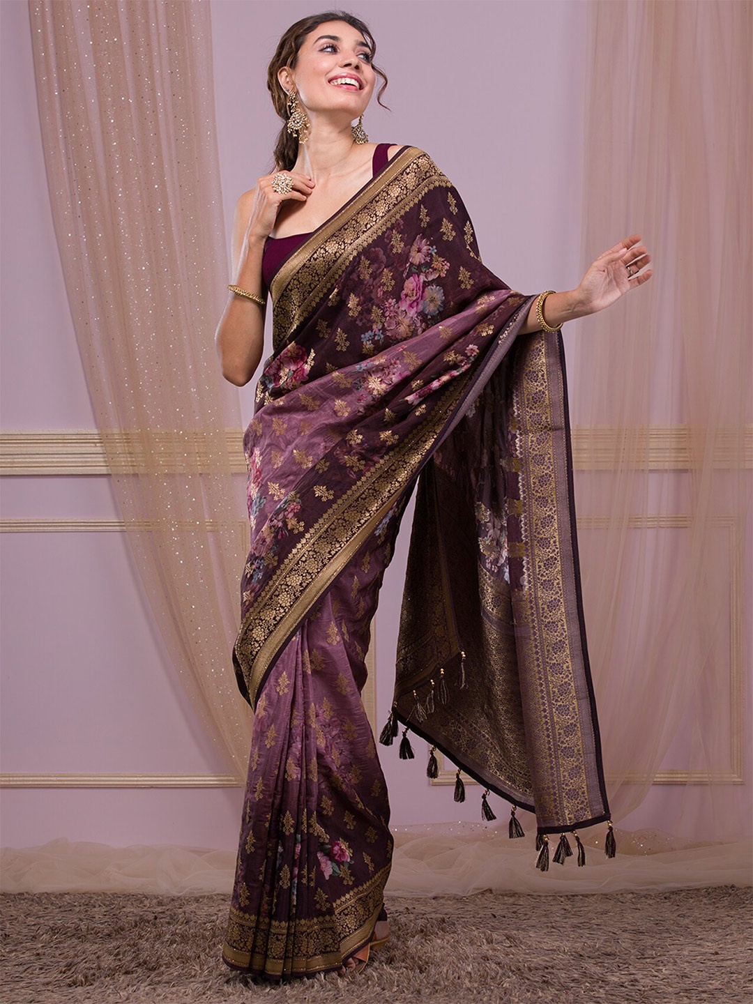 

Koskii Floral Woven Design Zari Banarasi Saree, Brown