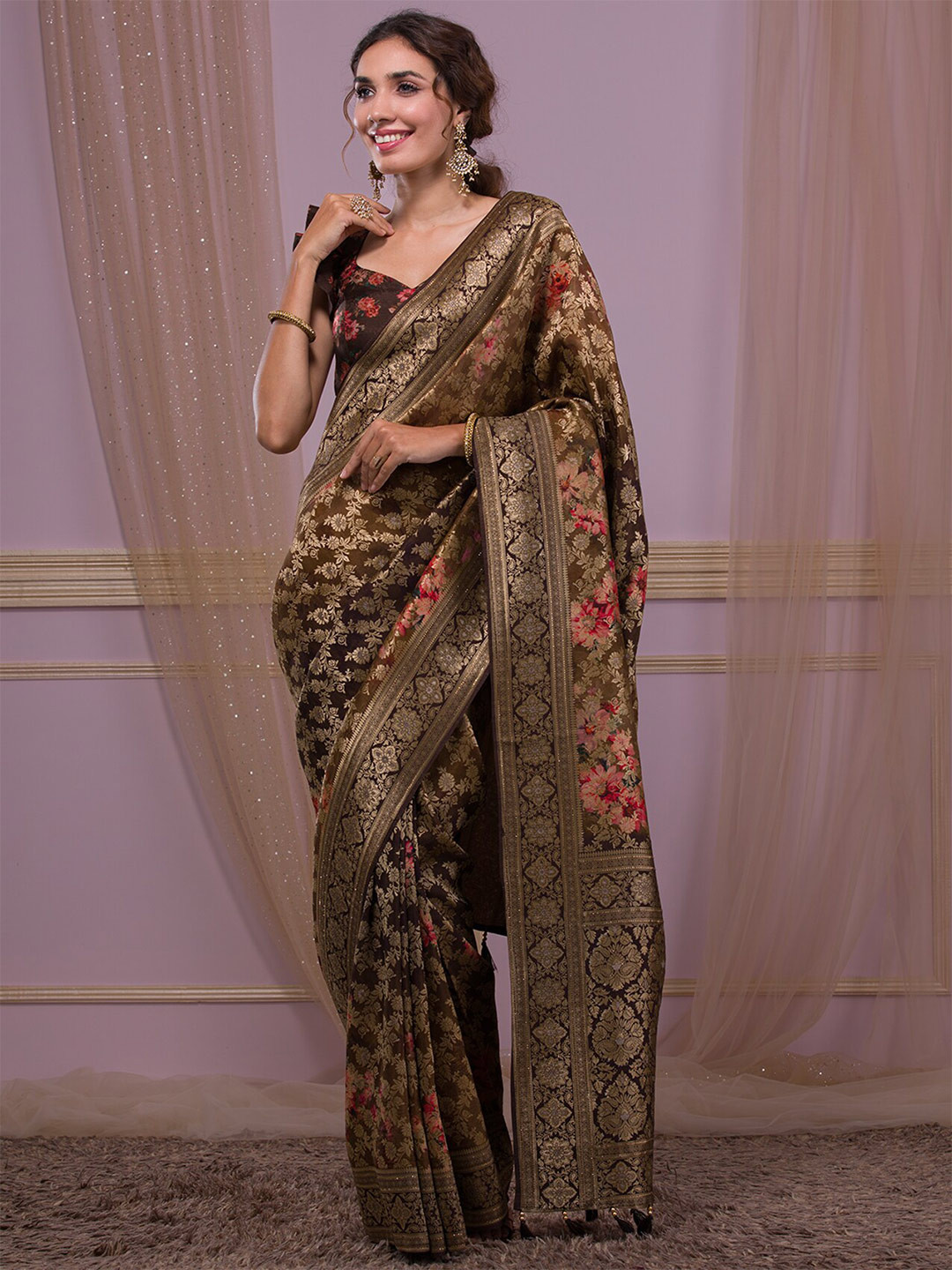

Koskii Floral Woven Design Beads and Stones Banarasi Saree, Brown