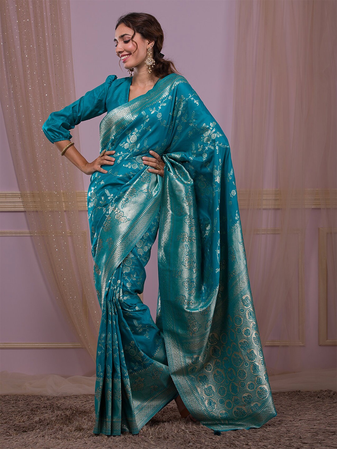

Koskii Woven Design Brocade Banarasi Saree, Turquoise blue