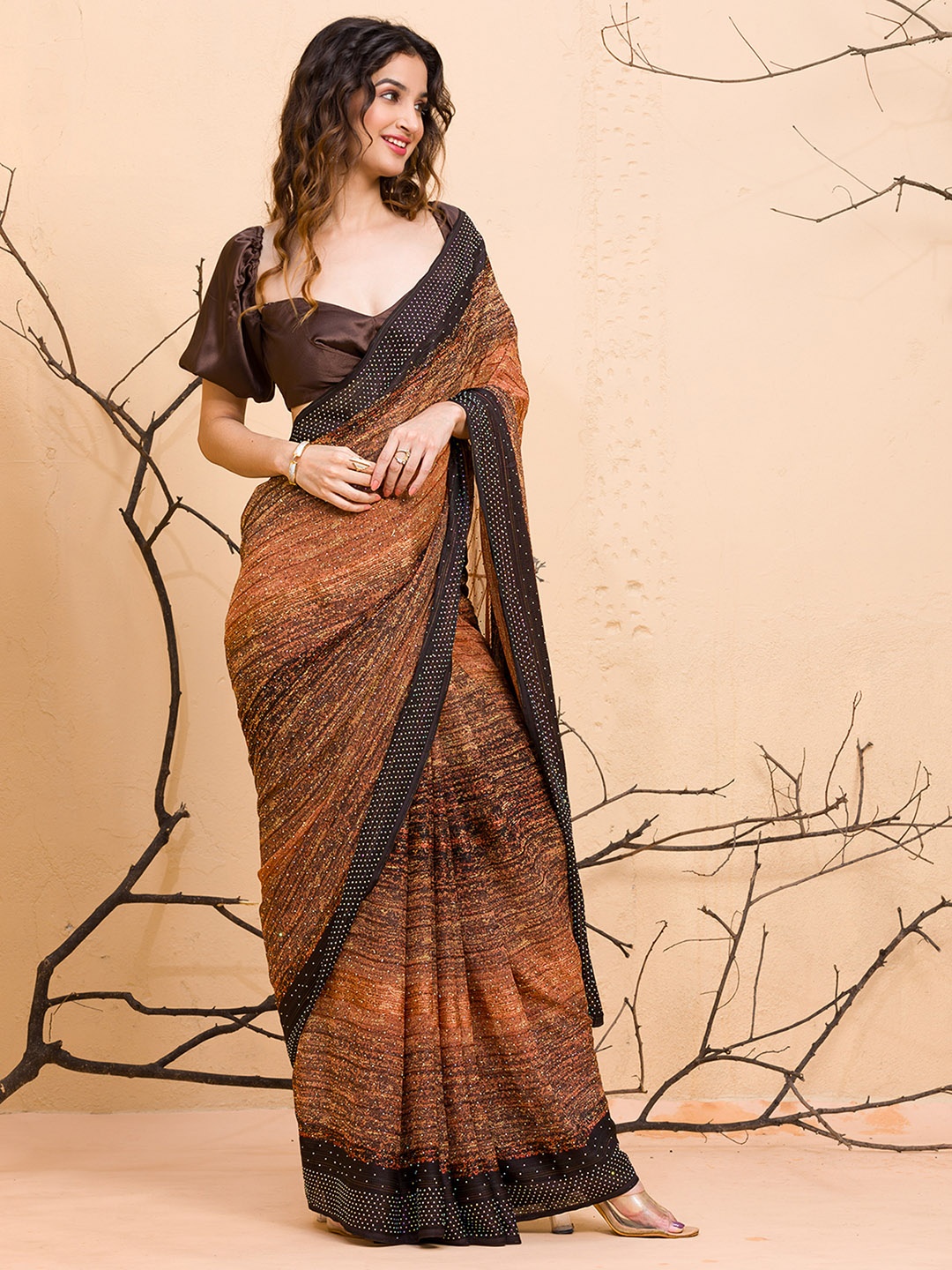

Koskii Embellished Beads and Stones Designer Saree, Brown
