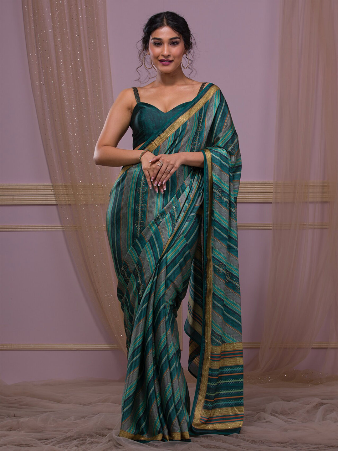 

Koskii Striped Embellished Saree, Green