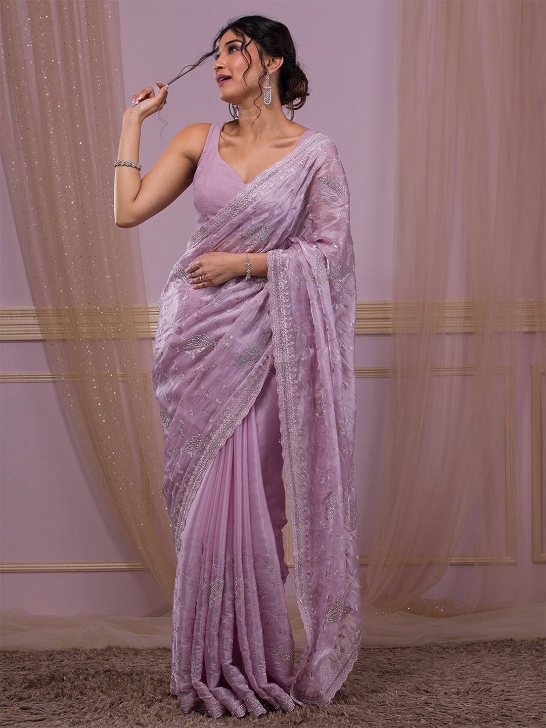 

Koskii Floral Beads and Stones Embellished Saree, Lavender