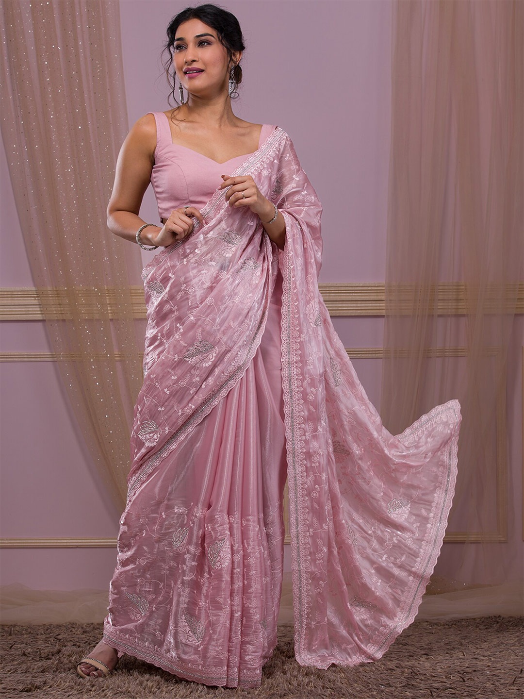 

Koskii Floral Beads and Stones Embellished Saree, Pink