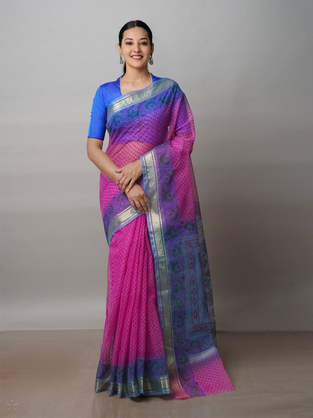 

Unnati Silks Ethnic Motifs Zari Pure Cotton Handloom Kota Saree, Pink