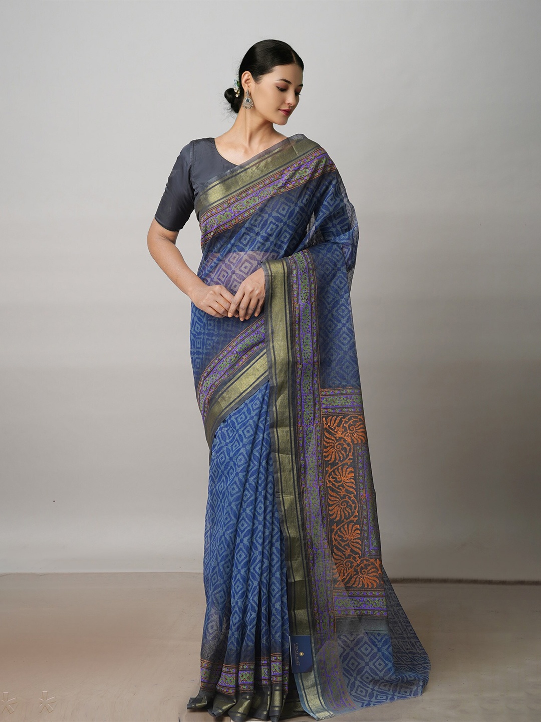 

Unnati Silks Ethnic Motifs Zari Pure Cotton Kota Saree, Blue