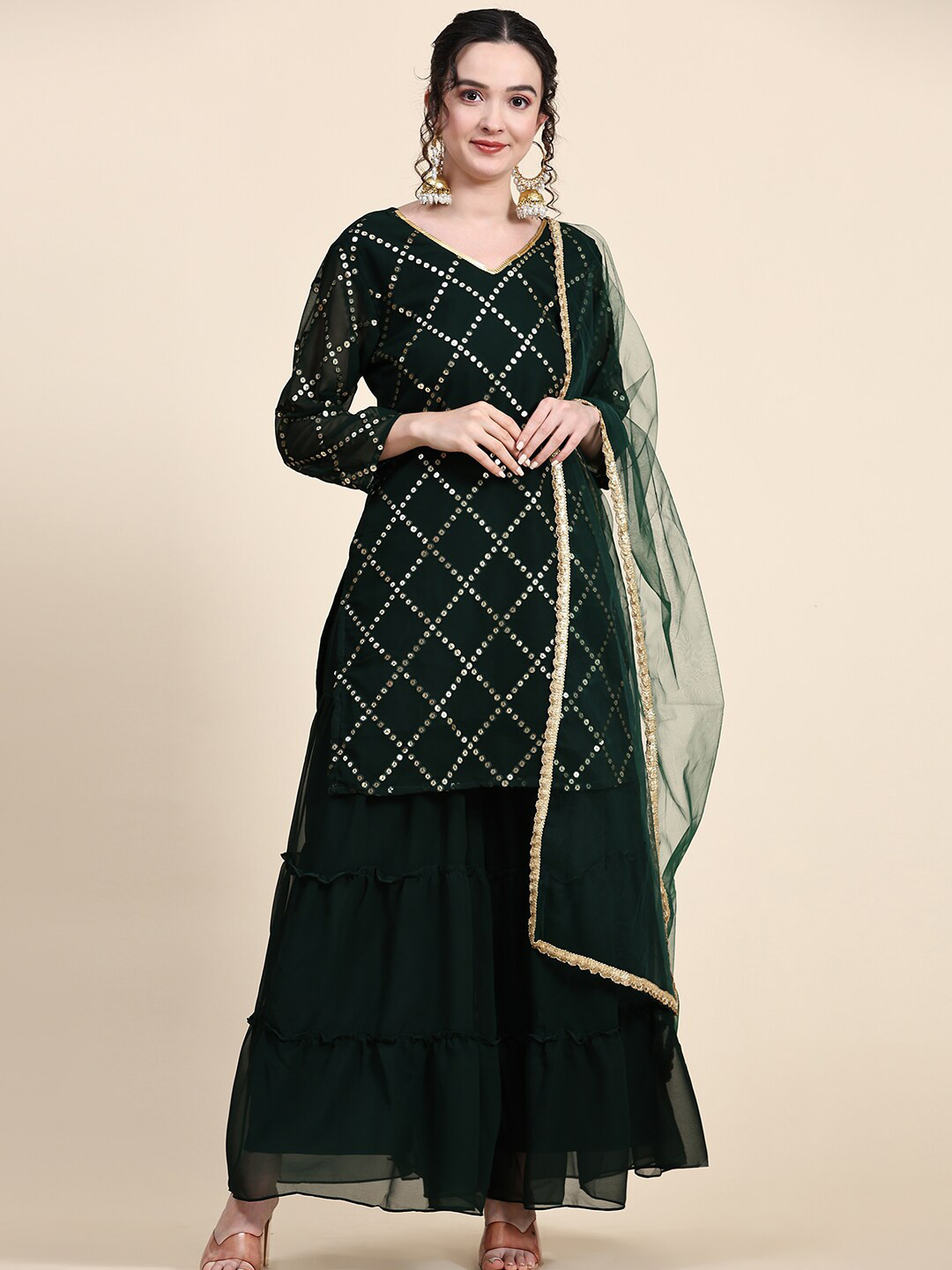

KALINI Green Embroidered Sequinned Kurta with Sharara & Dupatta