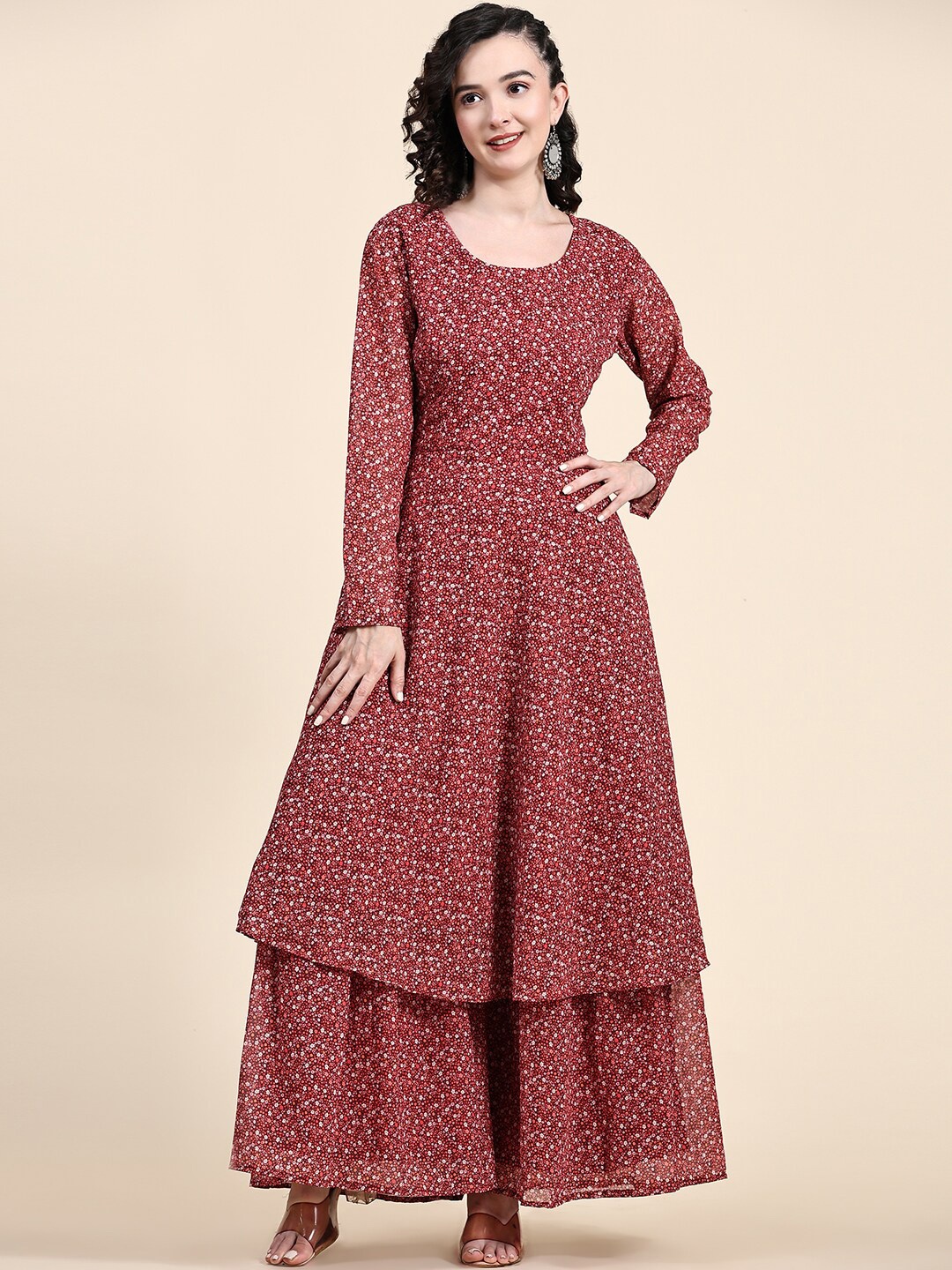 

KALINI Floral Printed Anarkali Georgette Kurta With Sharara, Red