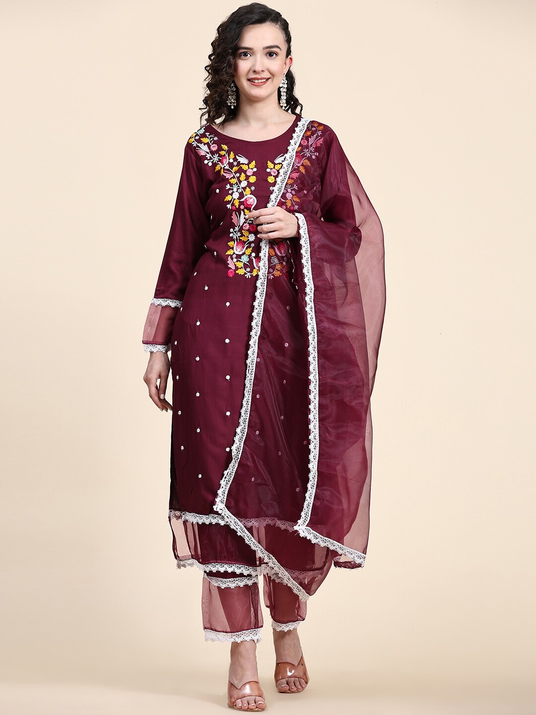 

KALINI Floral Embroidered Kurta With Trouser & Dupatta, Burgundy