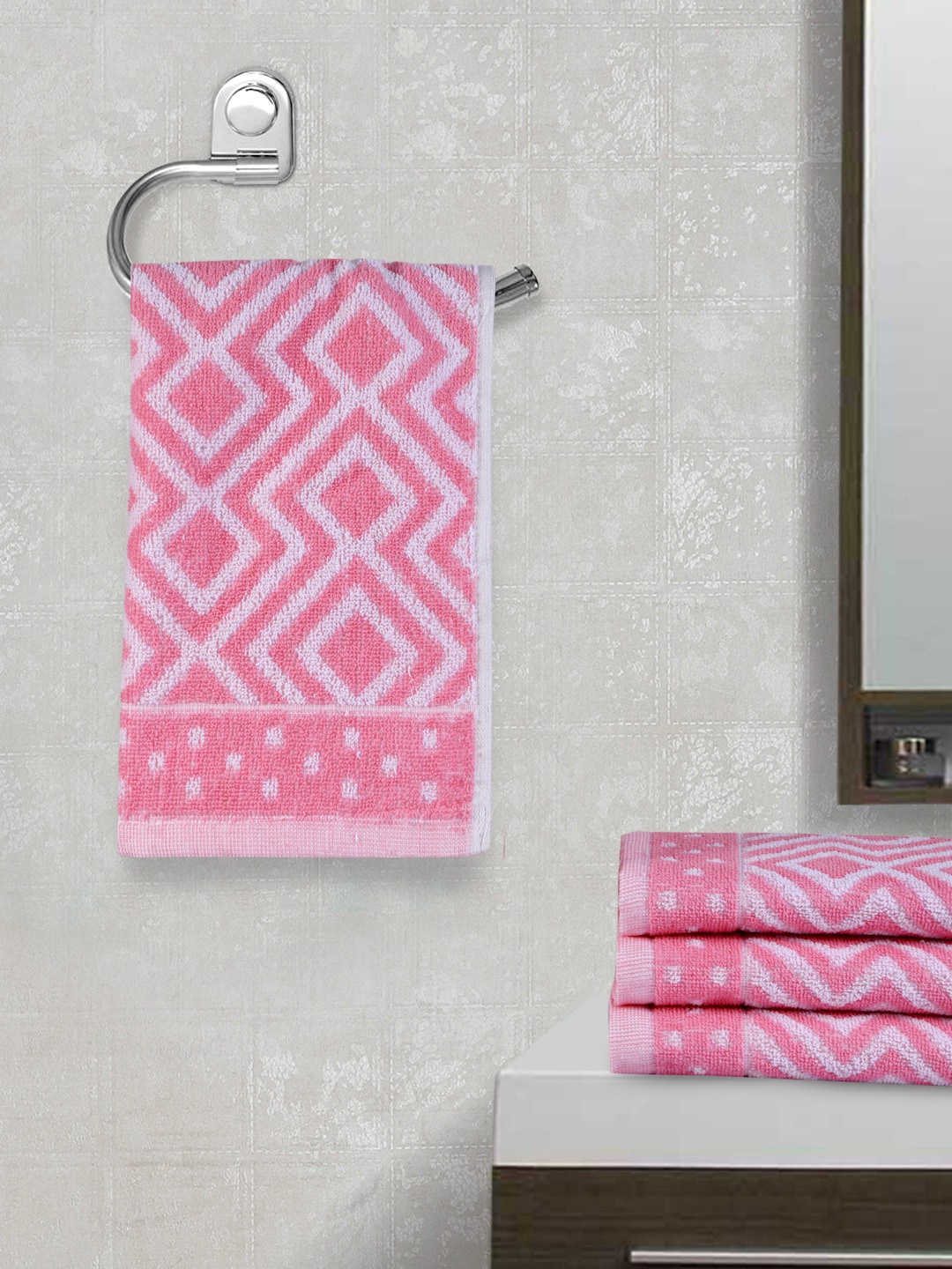 

FABINALIV Pink & White 4 Pieces Striped 450 GSM Cotton Hand Towels