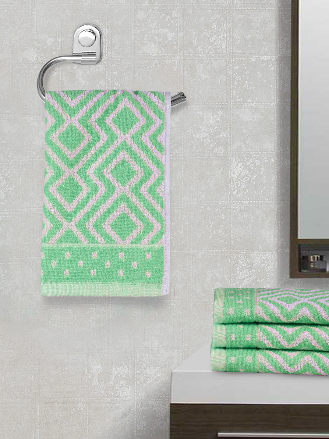 

FABINALIV Green 4 Pieces Striped 450 GSM Cotton Hand Towels
