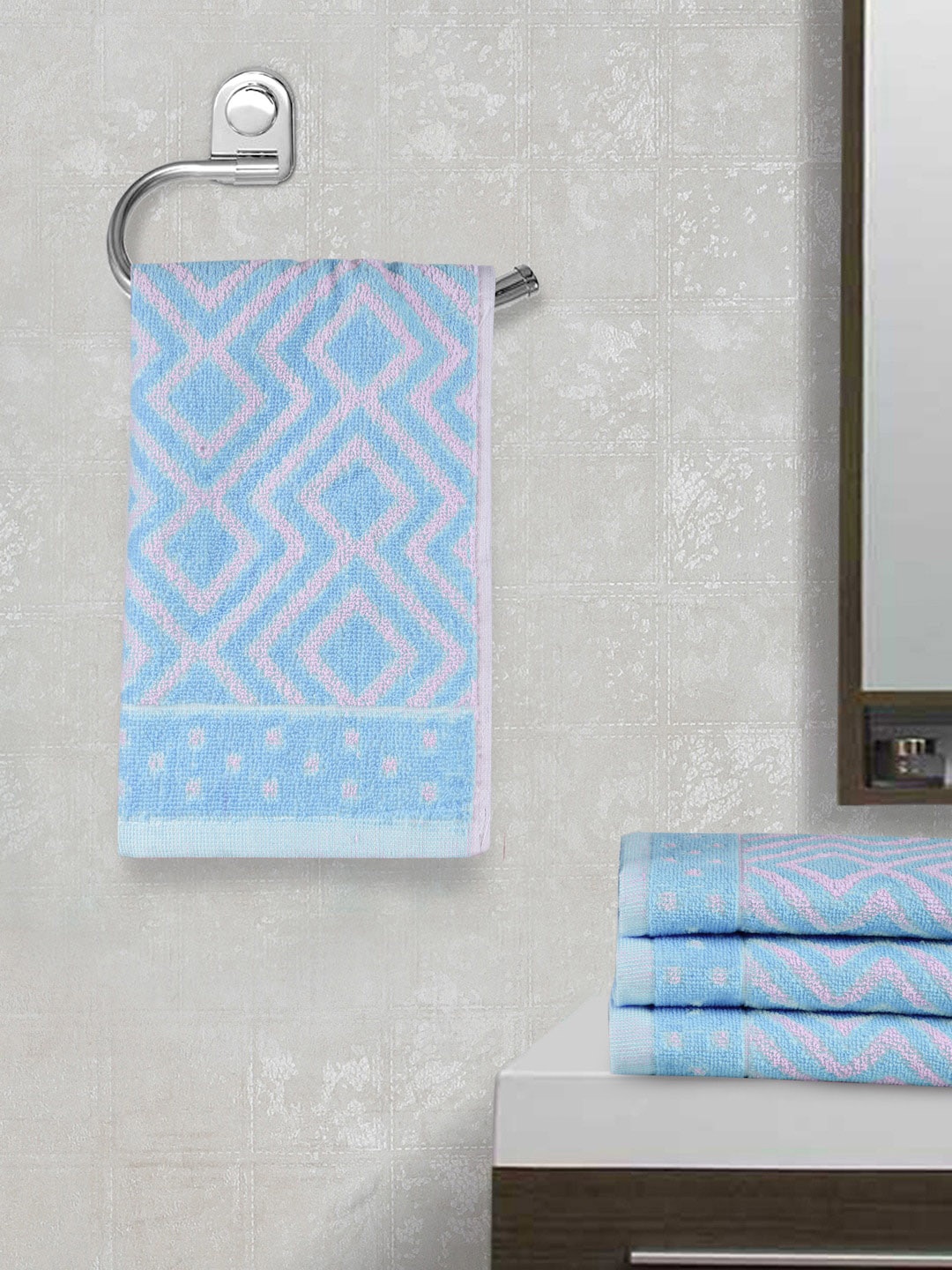 

FABINALIV Blue & Pink 4 Pieces Printed Cotton 450 GSM Hand Towels