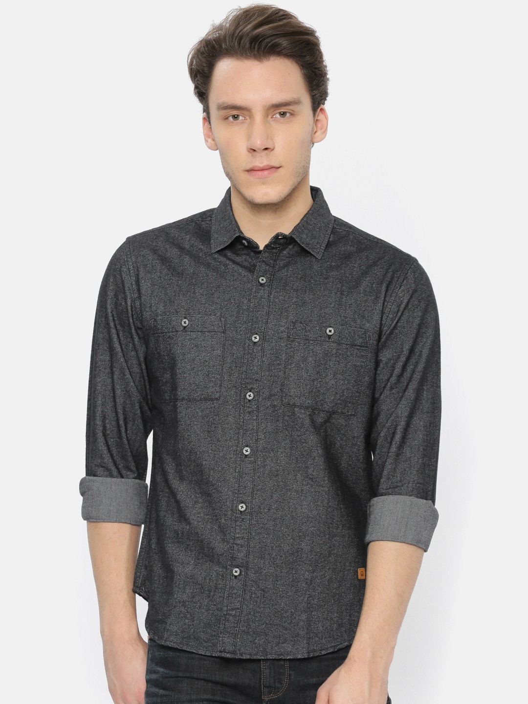 

United Colors of Benetton Men Charcoal Grey Slim Fit Solid Casual Shirt