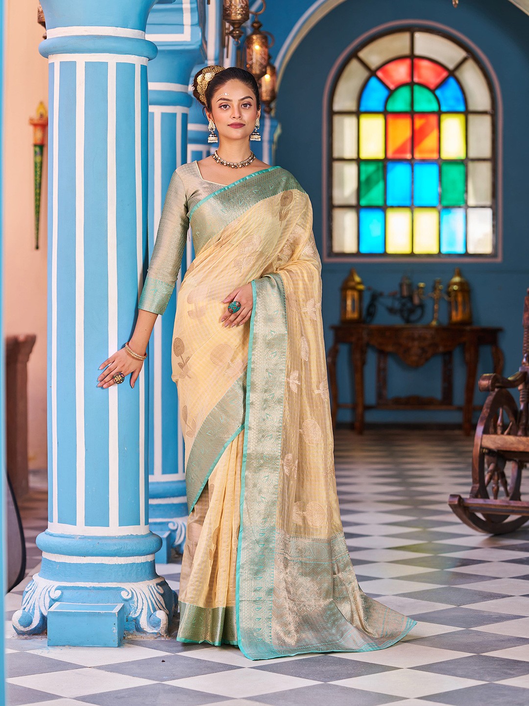 

elora Floral Woven Design Zari Organza Banarasi Saree, Yellow