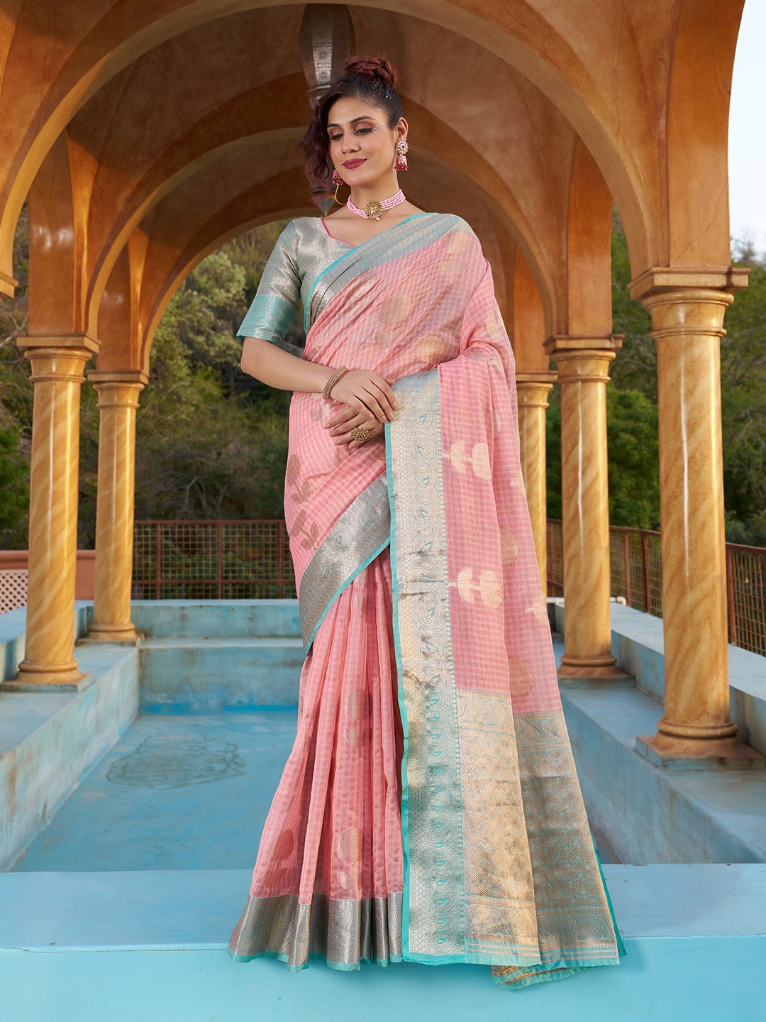 

elora Ethnic Motif Organza Banarasi Saree, Pink