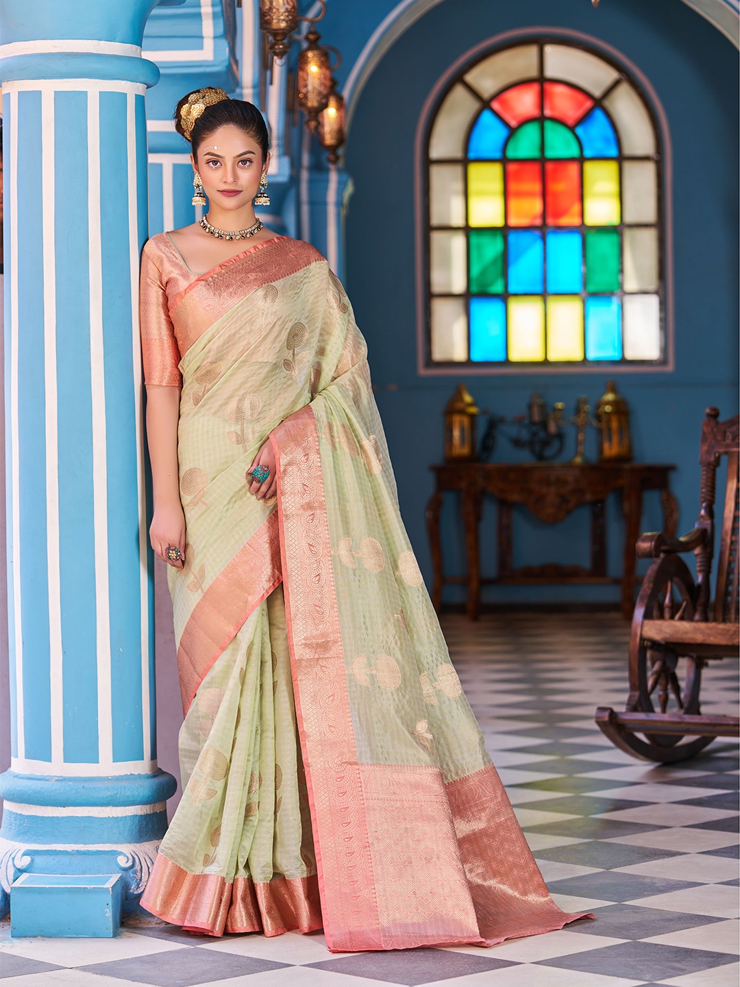 

elora Ethnic Motif Organza Banarasi Saree, Sea green