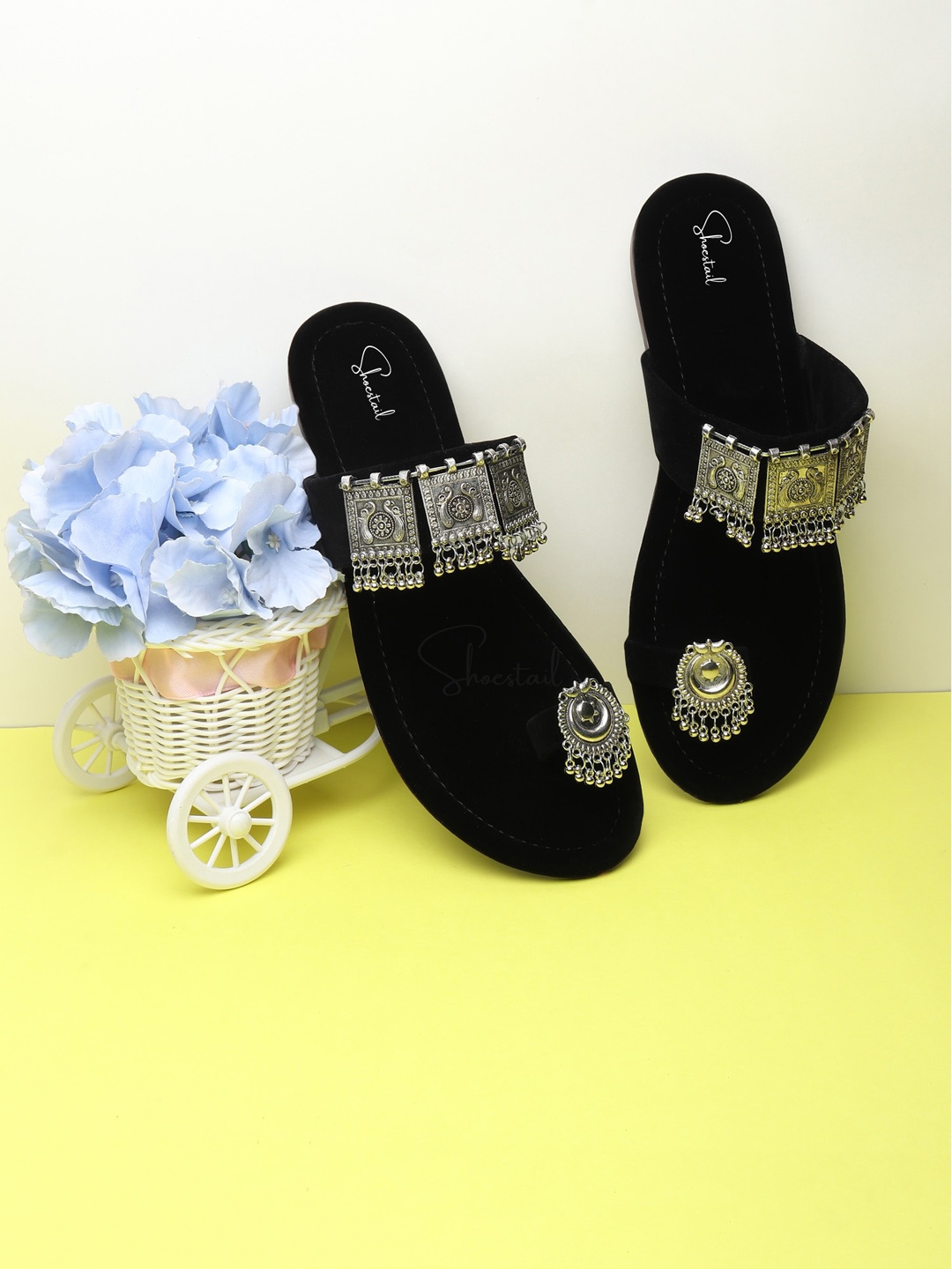

Shoestail Embellished One Toe Flats, Black