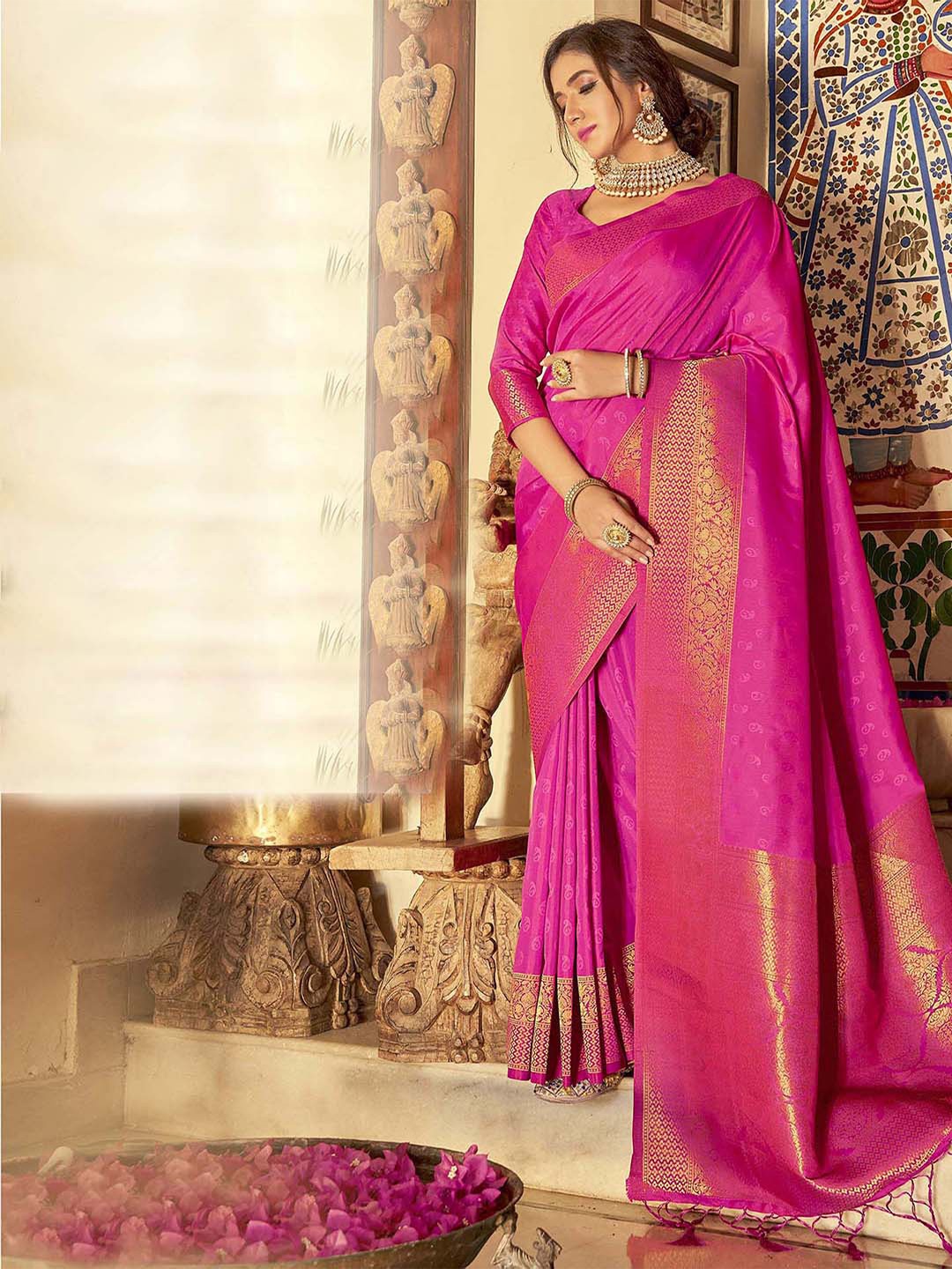 

Satrani Ethnic Motifs Zari Saree, Pink