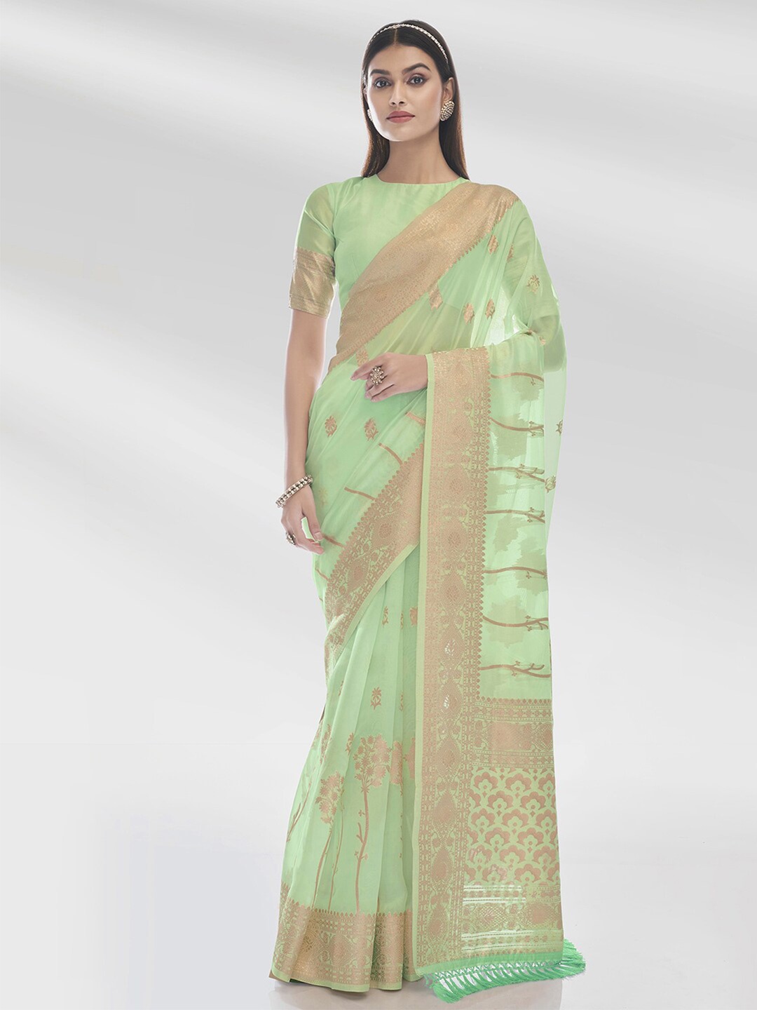 

Satrani Floral Woven Design Zari Tissue Saree, Green