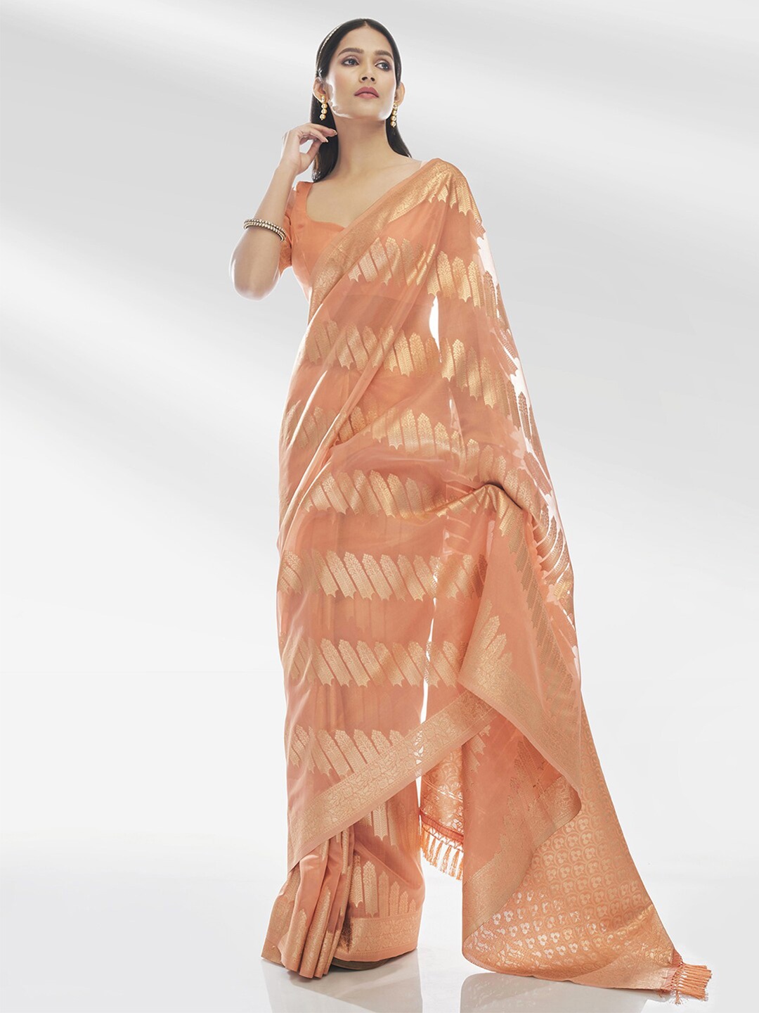 

Satrani Woven Design Zari Tissue Saree, Peach