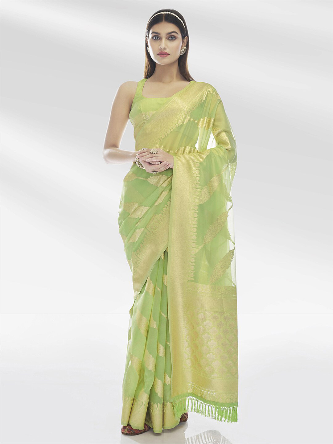 

Satrani Woven Design Zari Tissue Saree, Green