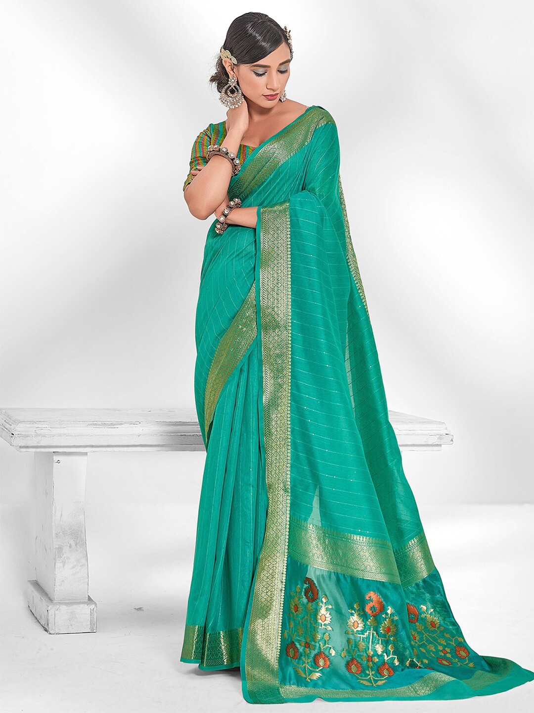 

Satrani Striped Woven Design Zari Saree, Green