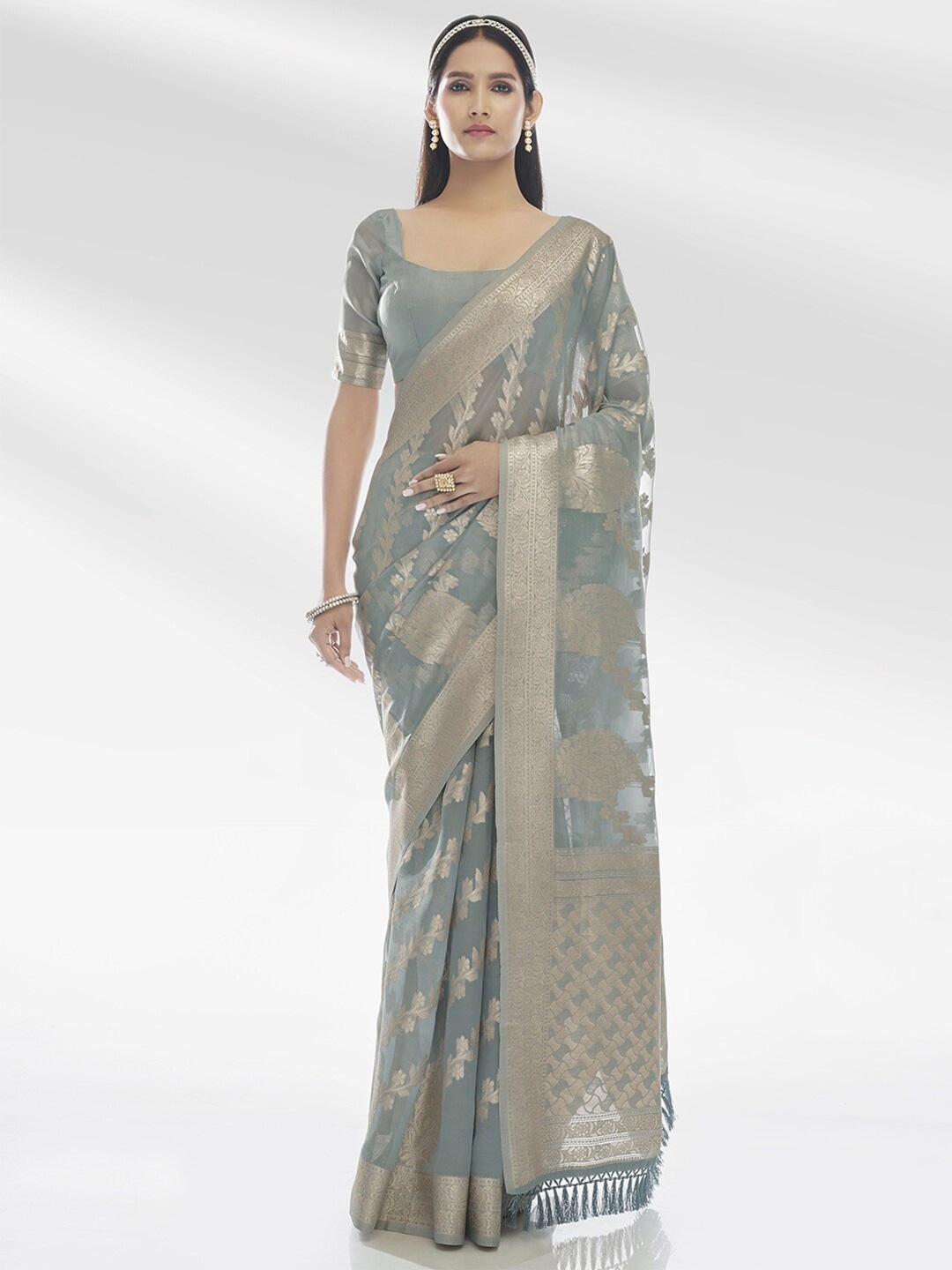 

Satrani Ethnic Motifs Woven Design Zari Tissue Saree, Grey