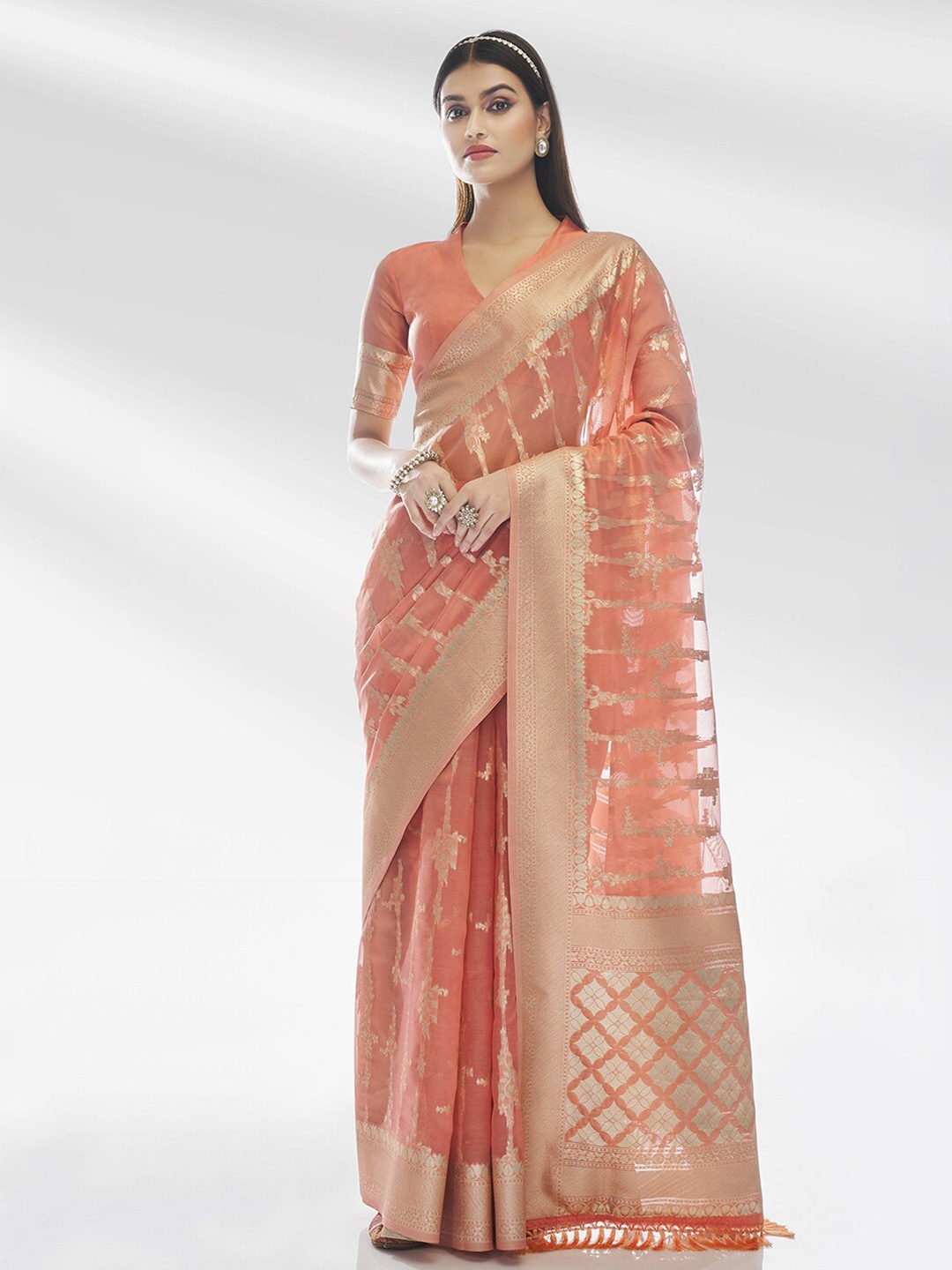 

Satrani Pink & Gold-Toned Ethnic Woven Design Zari Tissue Saree