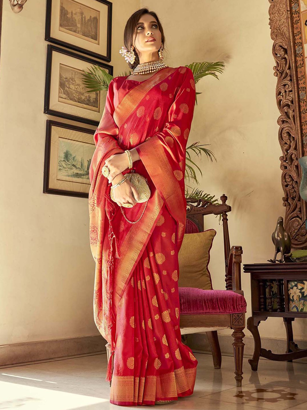 

Satrani Red & Gold-Toned Ethnic Motifs Woven Design Zari Banarasi Saree