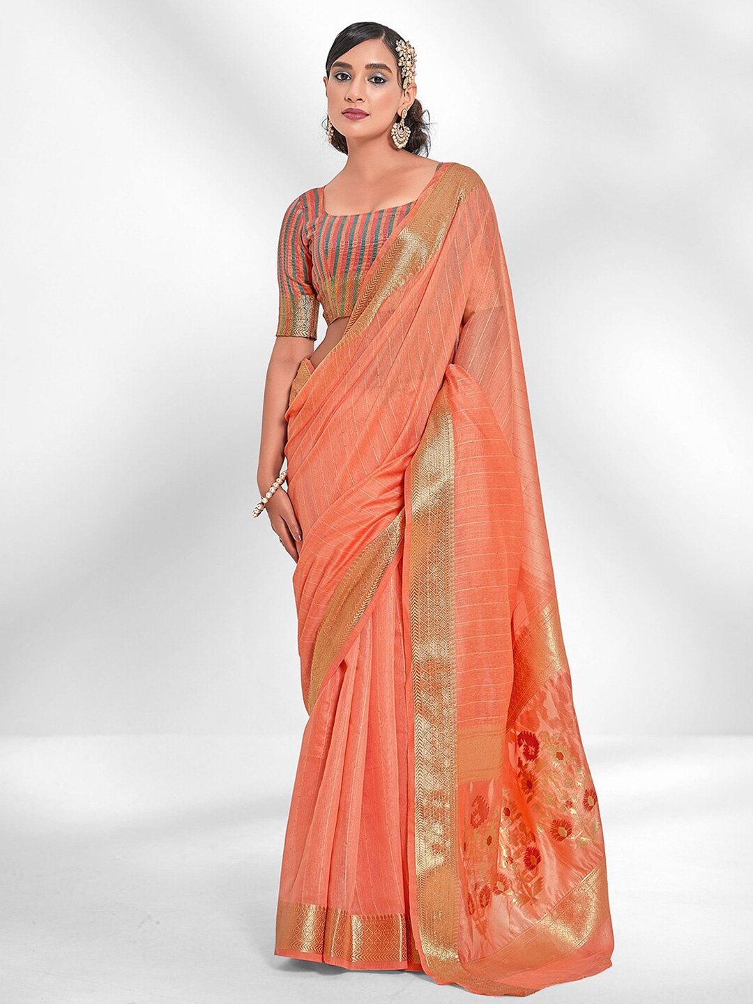 

Satrani Peach-Coloured & Red Striped Sequinned Saree