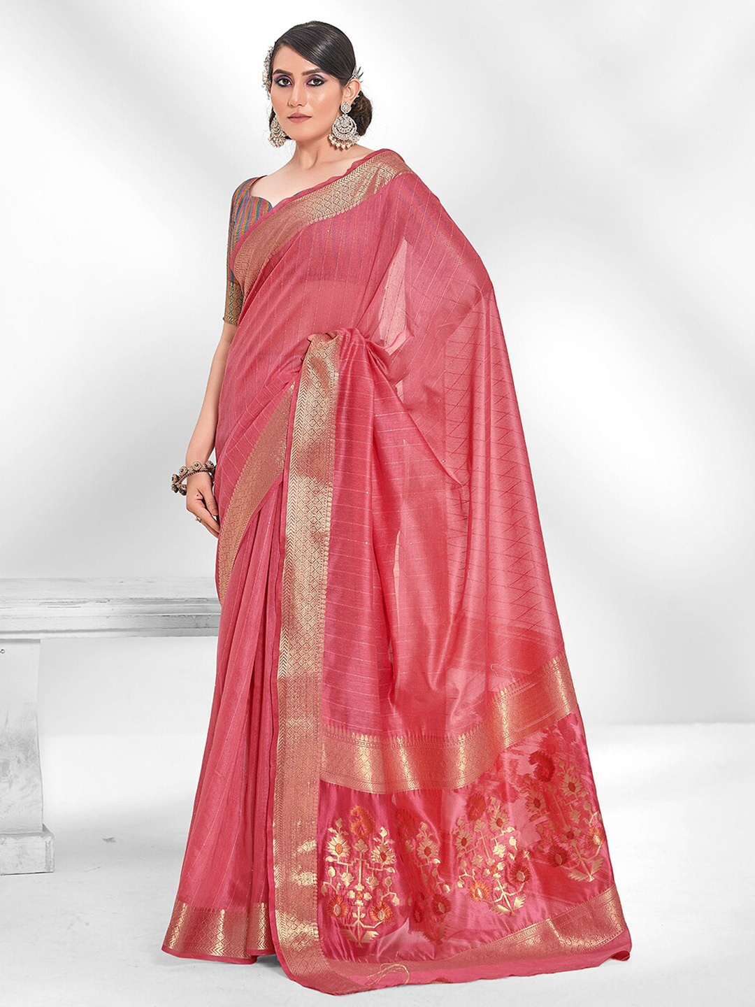 

Satrani Pink & Gold-Toned Striped Sequinned Saree