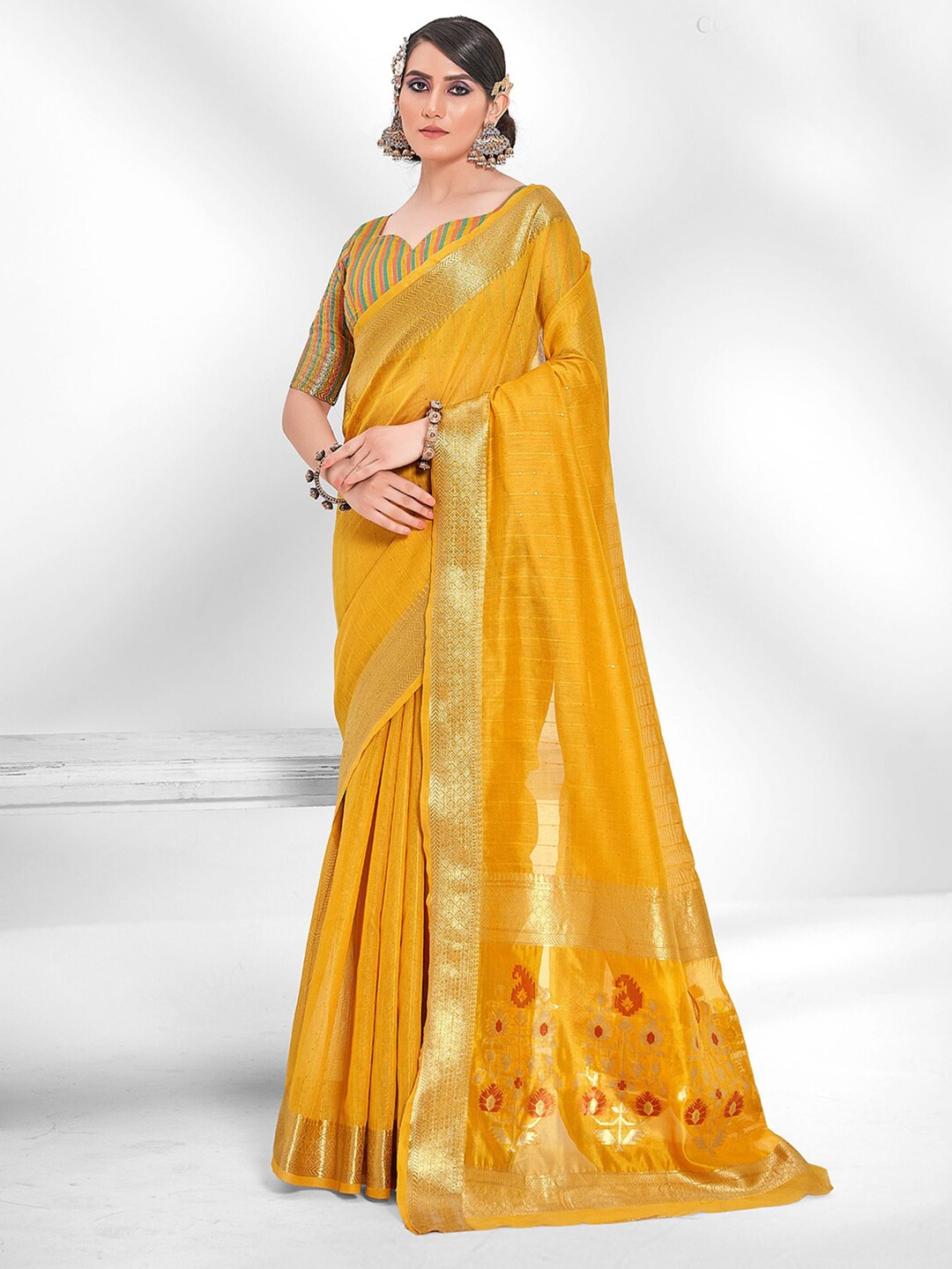 

Satrani Yellow & Red Striped Sequinned Saree