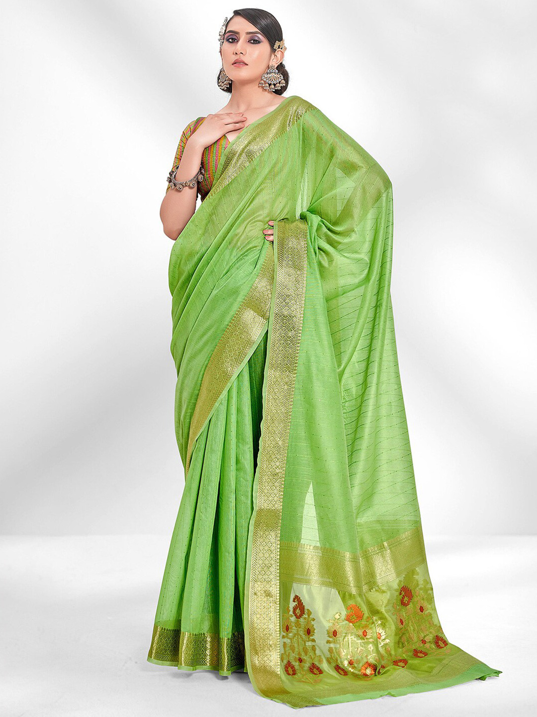

Satrani Green & Red Striped Sequinned Saree