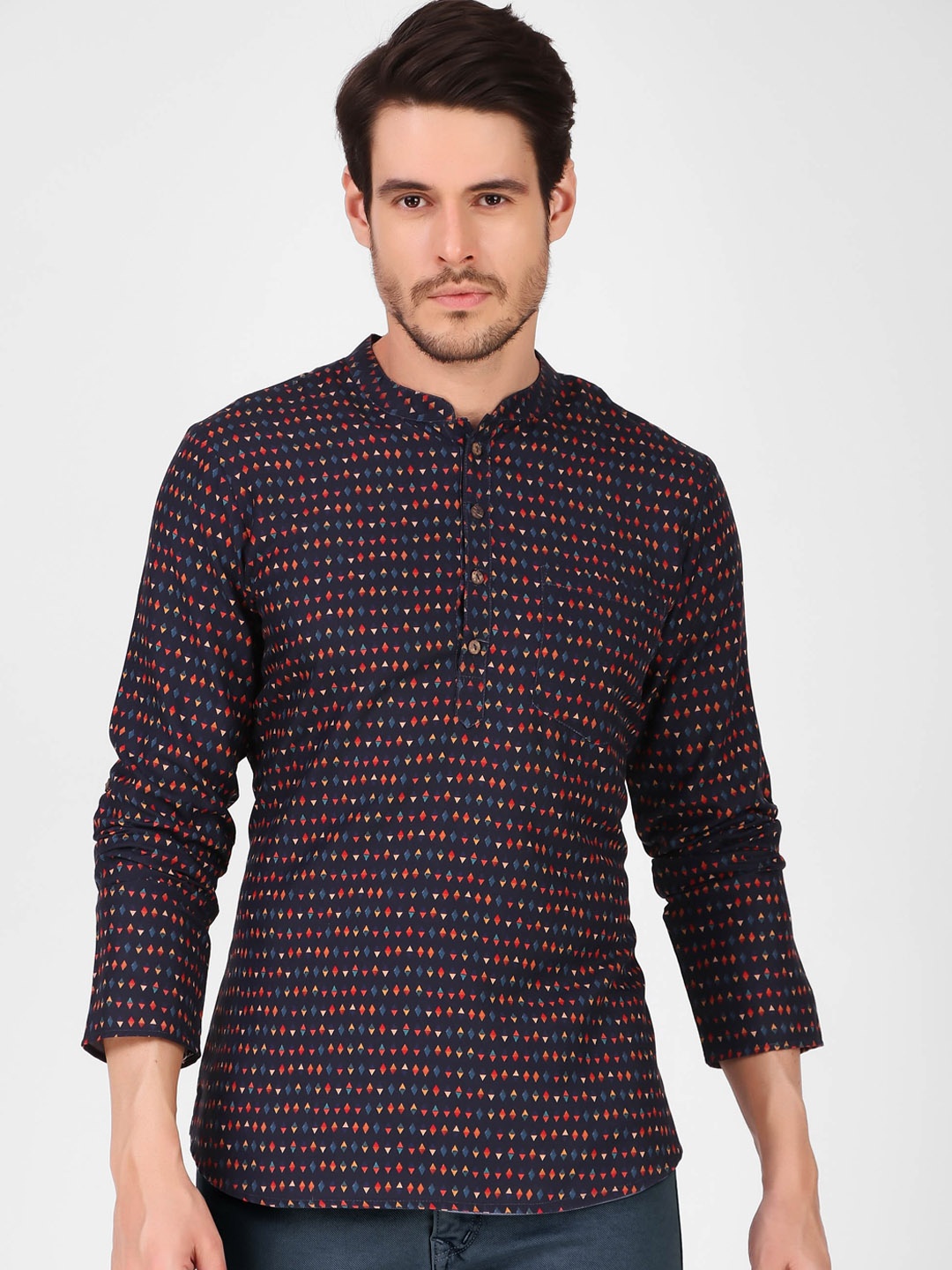 

Koshin Geometric Printed Mandarin Collar Kurta, Navy blue
