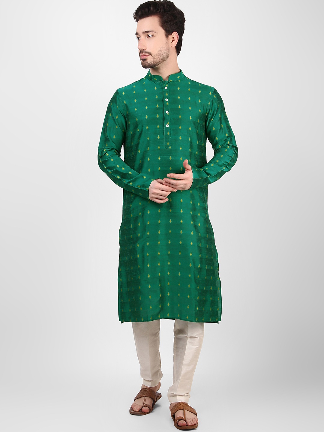 

Koshin Ethnic Motifs Woven Design Mandarin Collar Kurta, Green