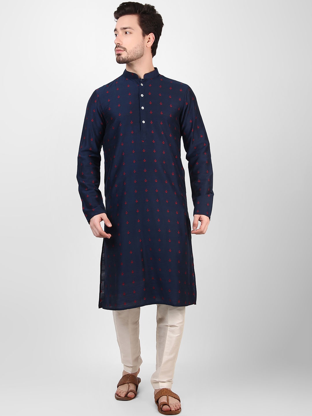 

Koshin Ethnic Motifs Woven Design Mandarin Collar Kurta, Navy blue