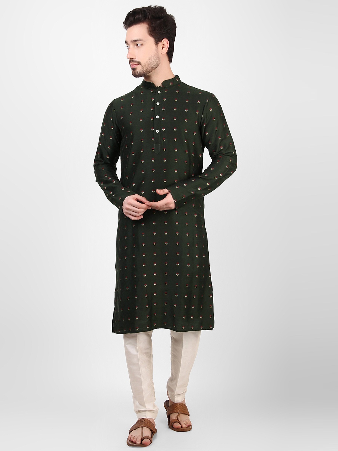 

Koshin Ethnic Motifs Woven Design Mandarin Collar Kurta, Green