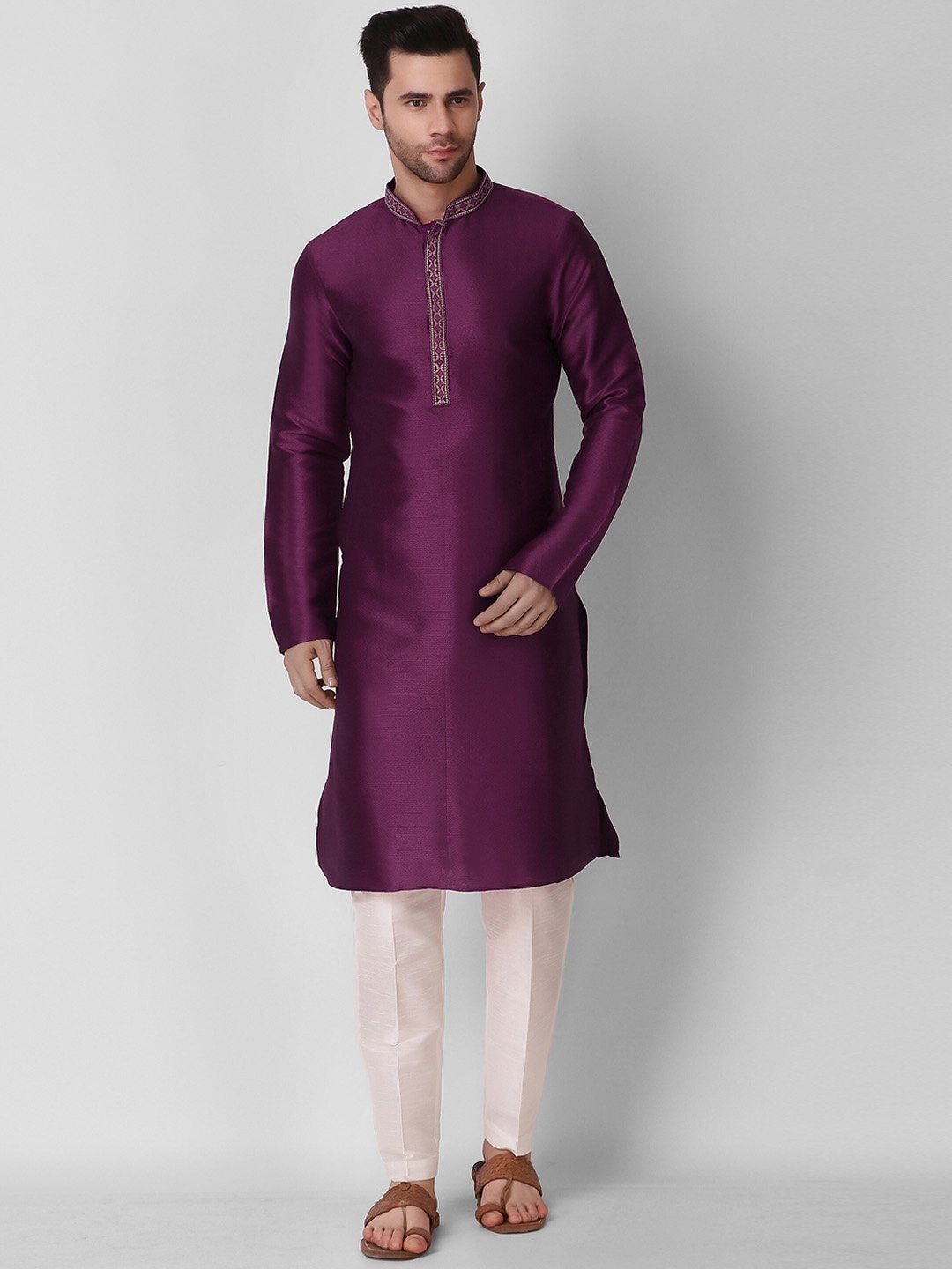 

Koshin Woven Design Embroidered Mandarin Collar Kurta, Purple