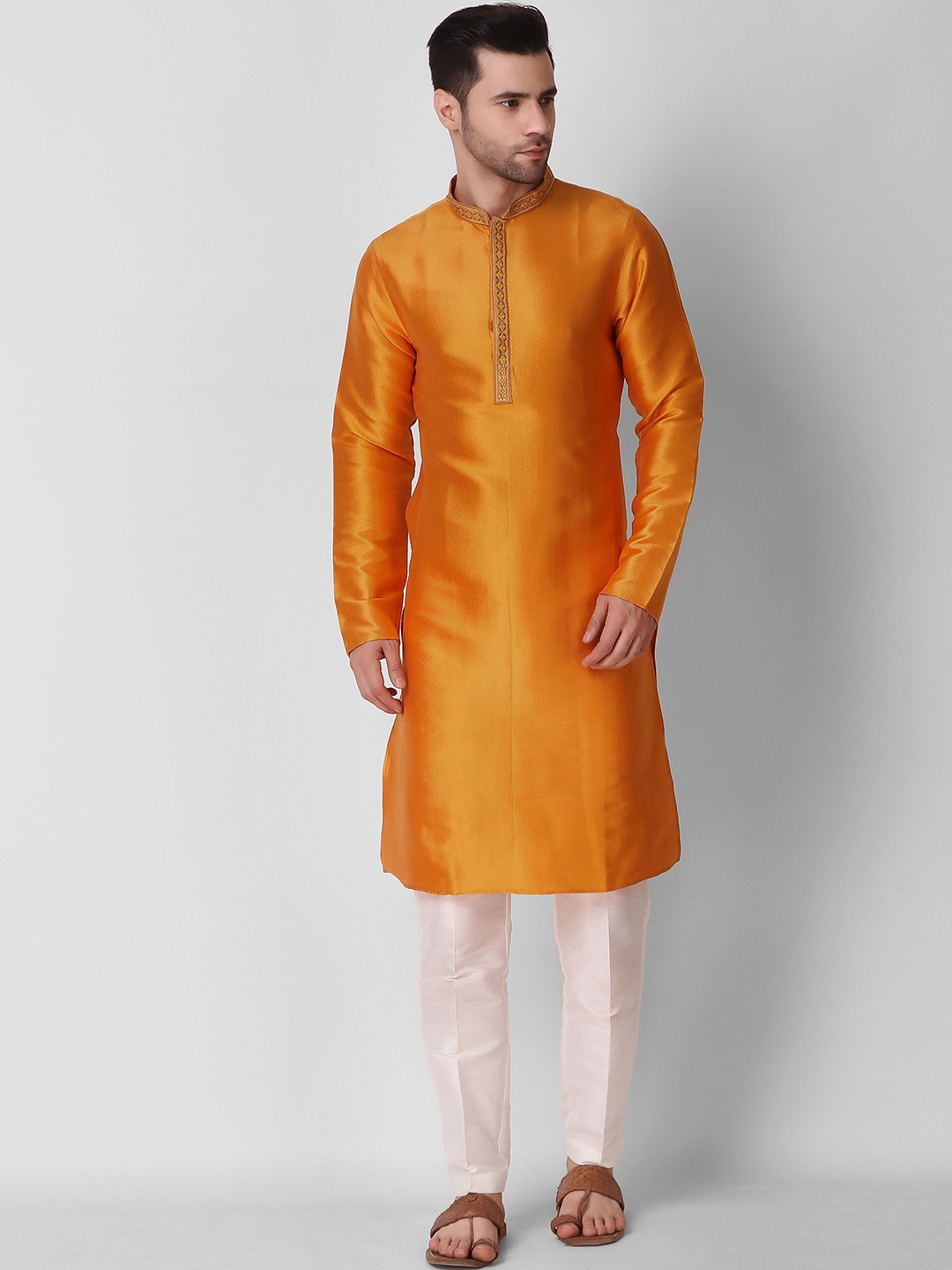 

Koshin Woven Design Embroidered Mandarin Collar Kurta, Orange