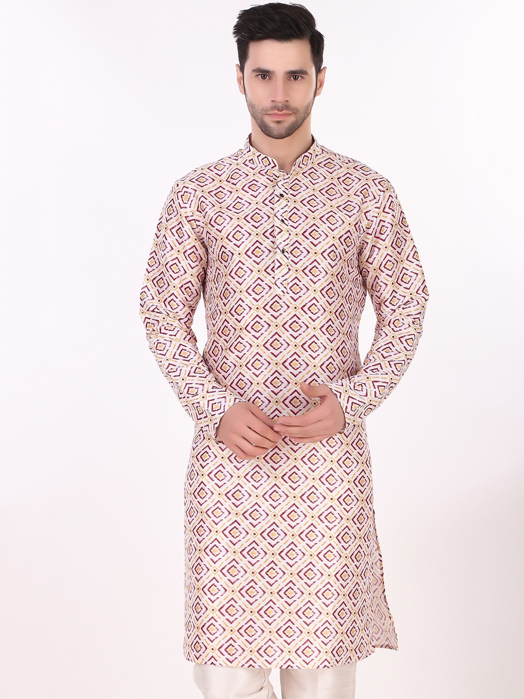 

Koshin Geometric Printed Mandarin Collar Kurta, White