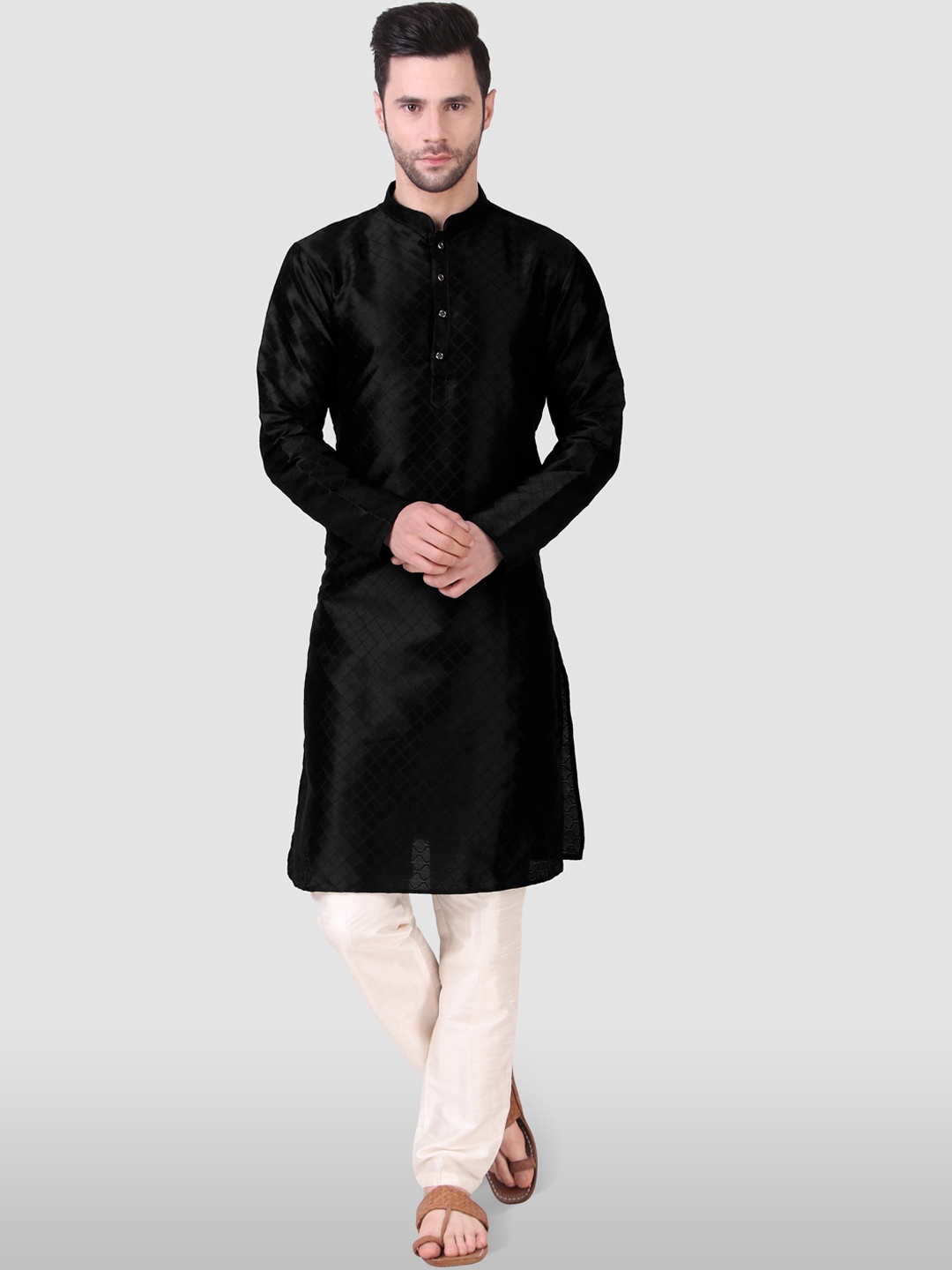 

Koshin Woven Design Jacquard Mandarin Collar Kurta, Black