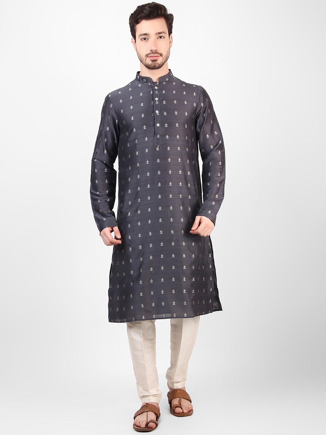 

Koshin Mandarin Collar Woven Design Jacquard Kurta, Grey