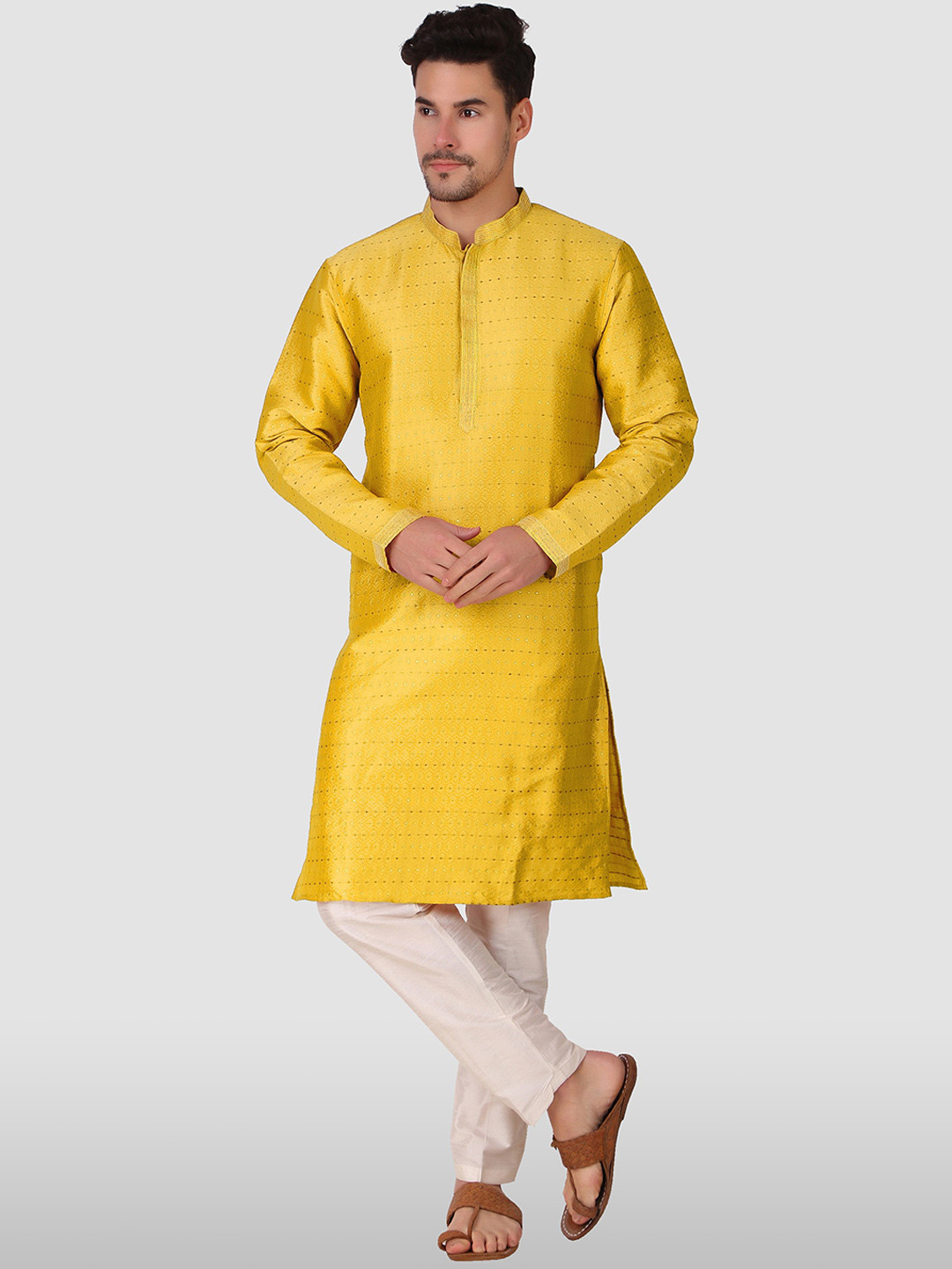 

Koshin Woven Design Mandarin Collar Kurta, Yellow